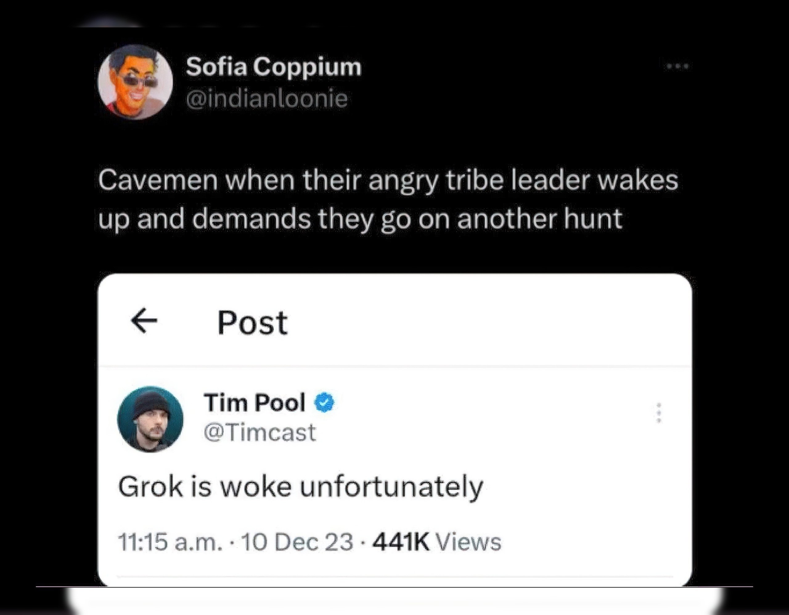 Sofia Coppium Cavemen when their angry tribe leader wakes up and demands they on another hunt Post Tim Pool Grok is woke unfortunately 11:15 10 Dec 23 Views