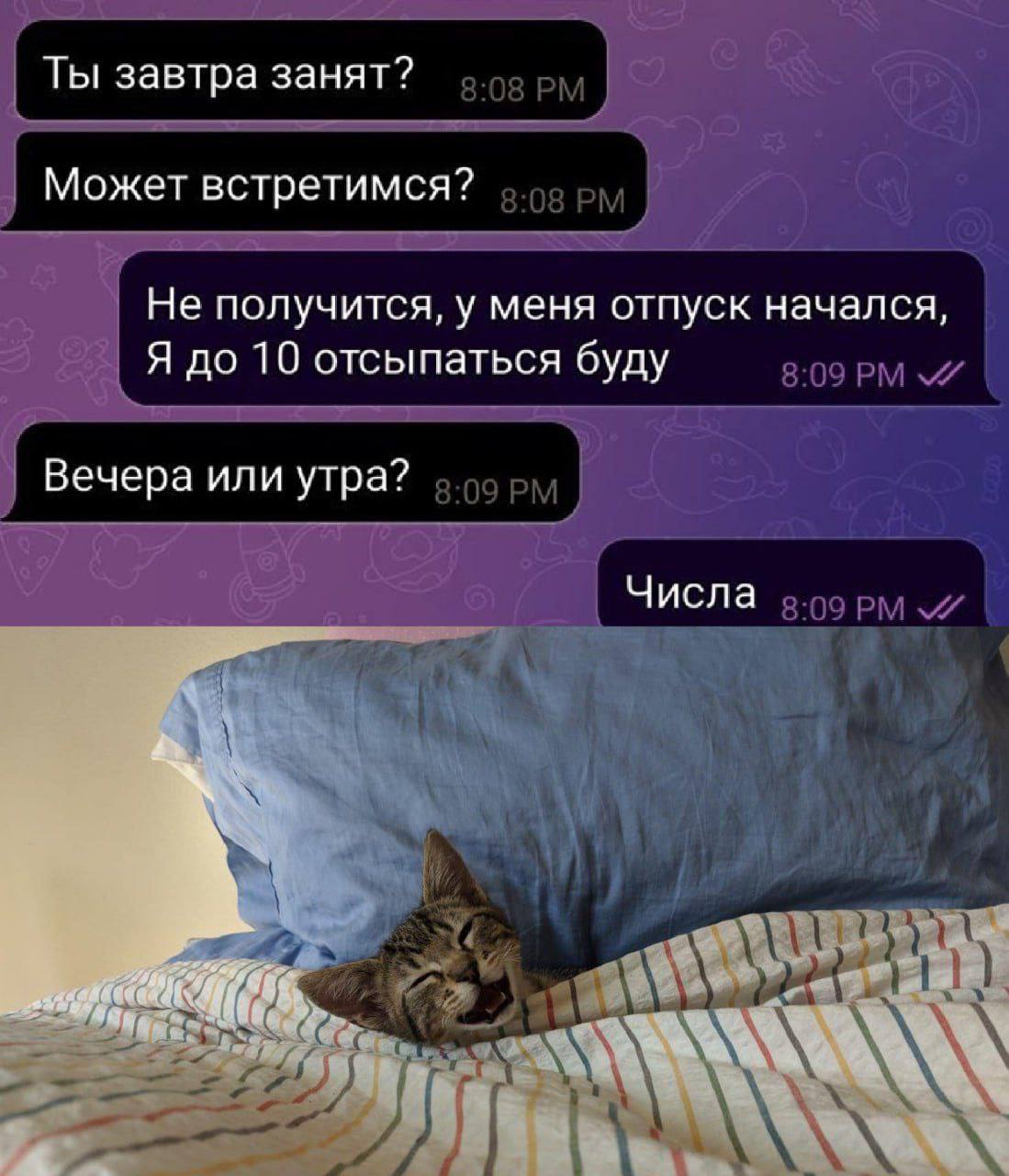Ты завтра занят? Может встретимся? Не получится, у меня отпуск начался, Я до 10 отсыпаться буду Вечера или утра? Числа