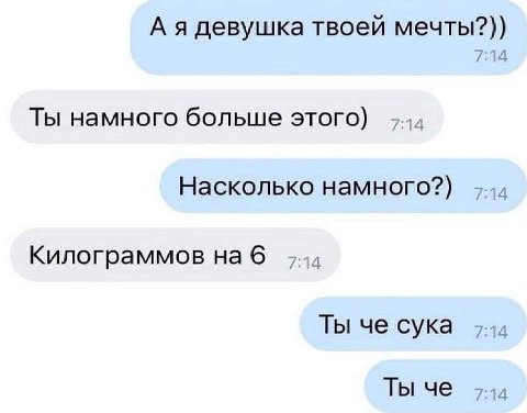 А я девушка твоей мечты?)) 7:14 Ты намного больше этого) 7:14 Насколько намного?) 7:14 Килограммов на 6 Ты че сука 7:14 Ты че 7:14