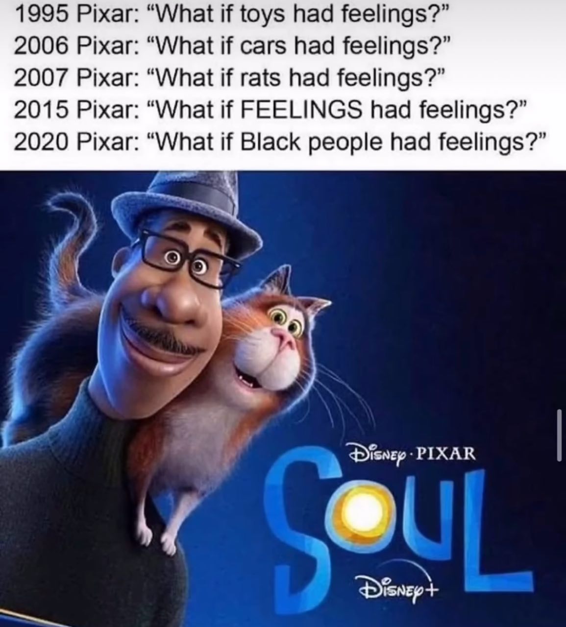 1995 Pixar: “What if toys had feelings?” 2006 Pixar: “What if cars had feelings?” 2007 Pixar: “What if rats had feelings?” 2015 Pixar: “What if FEELINGS had feelings?” 2020 Pixar: “What if Black peopl