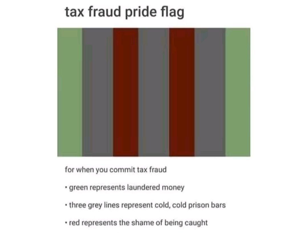 tax fraud pride flag for when you commit tax fraud green represents laundered money three grey lines represent cold, cold prison bars red represents the shame of being caught