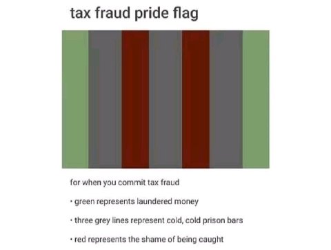 tax fraud pride flag for when you commit tax fraud green represents laundered money three grey lines represent cold, cold prison bars red represents the shame of being caught