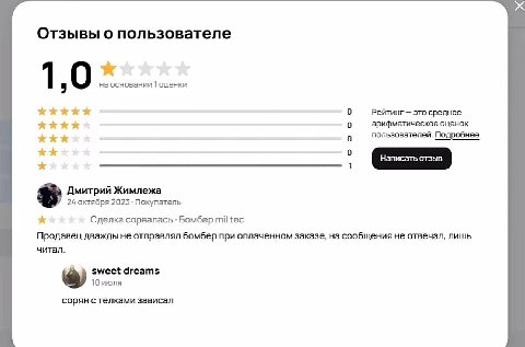 Отзывы о пользователе 1 3 на основании 1 оценки 0 это среднее 0 арифметическое оценок kkk 0 пользователей. Подробнее Написать отзыв 1 Дмитрий Жимлежа 24 октября 2025 Покупатель Сделка сорвалась Бомбер