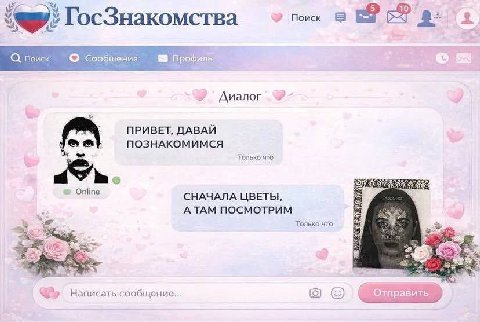 ГосЗнакомства Поиск 2 Диалог ПРИВЕТ, ДАВАИ ПОЗНАКОМИМСЯ Только что Online СНАЧАЛА ЦВЕТЫ АТАМ ПОСМОТРИМ Только что Написать сообщение