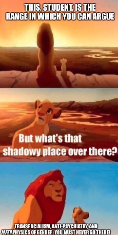 THIS, STUDENT, 1$ THE RANGE IN WHICH YOU CAN ARGUE But what's that shadowy place over there? TRANSRACIALISM, ANTI-PSYCHIATRY, AND OF GENDER: YOU MUST NEVER THERE!