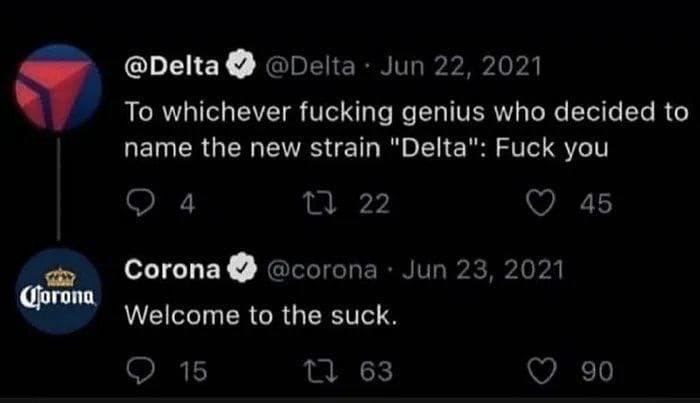 a @Delta @Delta Jun 22, 2021 To whichever fucking genius who decided to name the new strain "Delta": Fuck you 4 22 45 <a Согопа @corona Jun 23, 2021 Welcome to the suck. 15 63 90