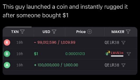 This guy launched а сот and instantly rugged it after someone bought $1 TXN USD Price MAKER в 99,012,596 1,009.99 $1 0.00001013 в $7 100,000,000 1,000.00 \7 A