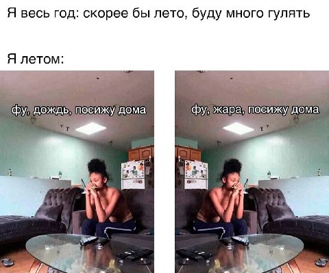 Я весь год: скорее бы лето, буду много гулять Я летом дождь, посижудома жара: посижулдома у