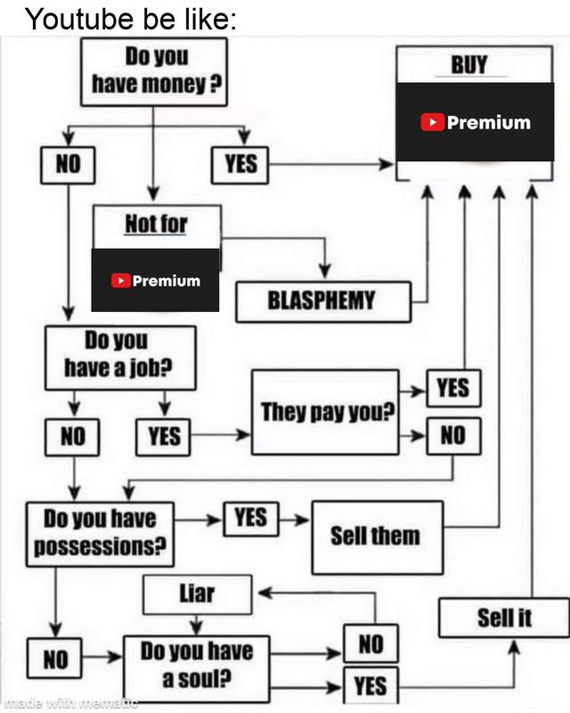 Youtube be like: you have money Premium you have possessions? Sell them you have asoul?