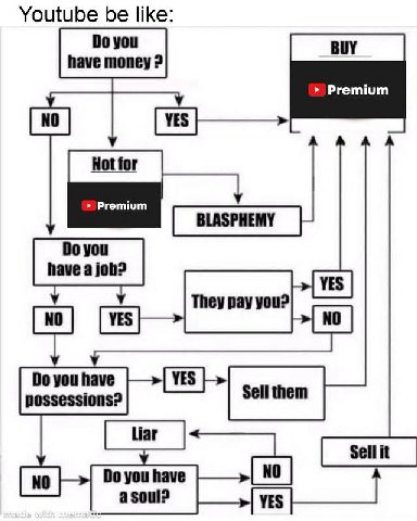Youtube be like: you have money Premium you have possessions? Sell them you have asoul?