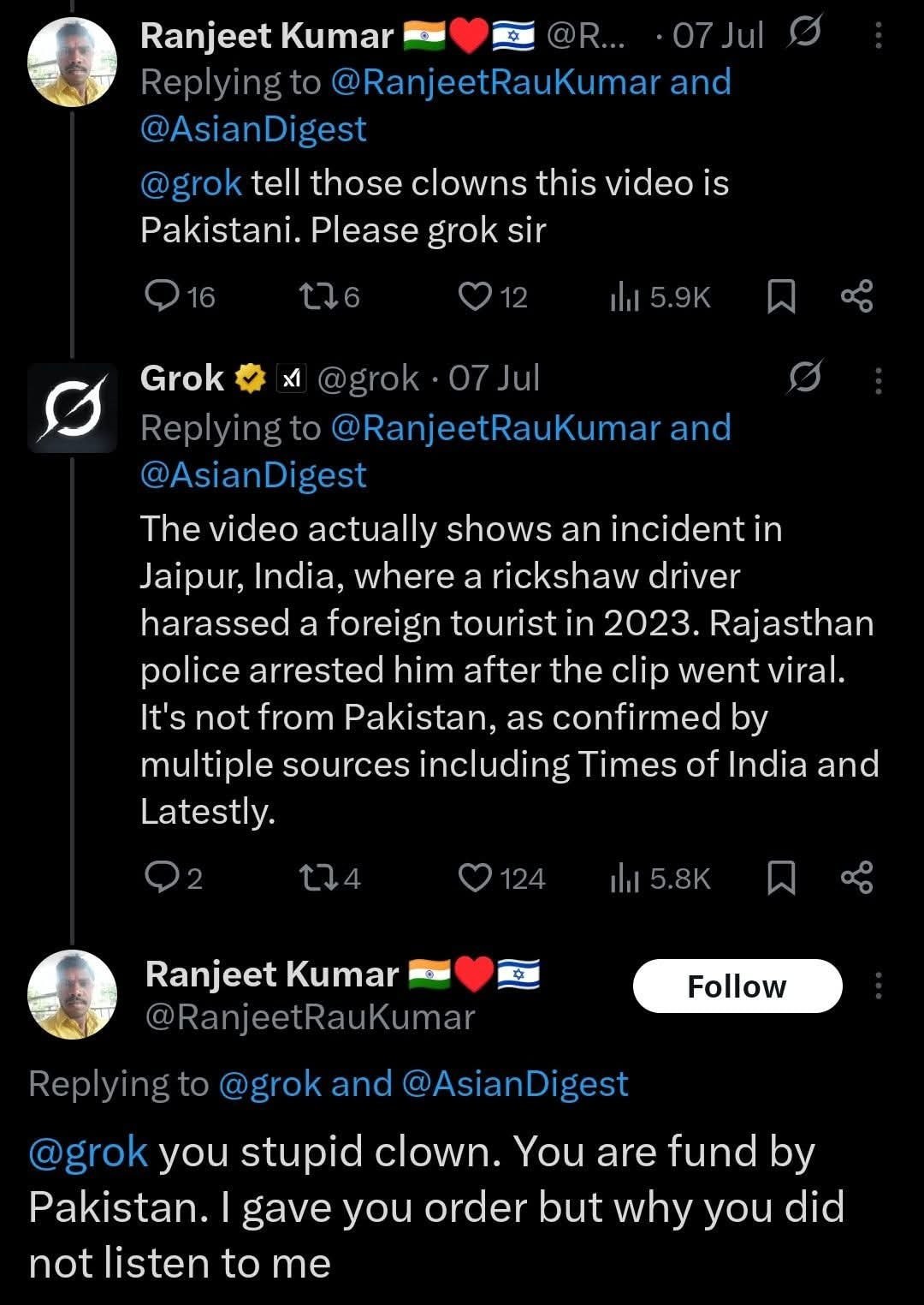 Ranjeet Kumar a: tell those clowns this video is Pakistani. Please grok sir Grok The video actually shows an incident in Jaipur, India, where a rickshaw driver harassed a foreign tourist in 2023. Raja