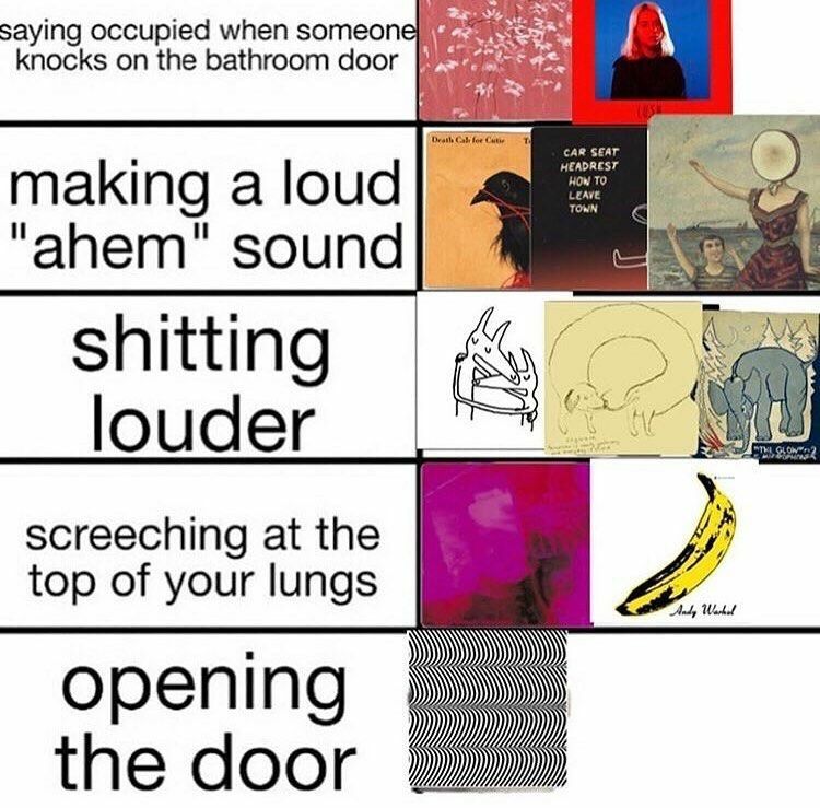 saying occupied when someone} knocks on the bathroom door making а loud sound 4 shitting 4 louder screeching at the top of your lungs opening the door