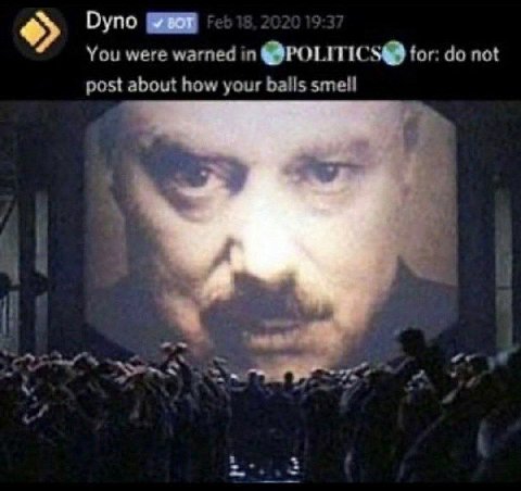 Dyno You were warned @POLITICS@ for: not post about how your balls smell 6.