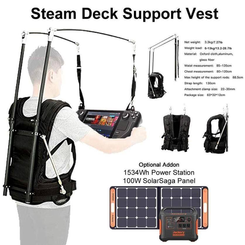 Steam Deck Support Vest Net weight: Weight load: Material: Oxford cloth,aluminum, 9185$ Waist measurement: Chest measurement: Max height of the support rods: Strap length: Attachment clamp size: Packa