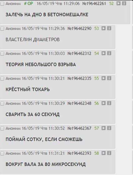 Аноним 16/05/19 Чтв 11:29:06 №196462261 52 ЗАЛЕЧЬ НА ДНО В БЕТОНОМЕШАЛКЕ Аноним 16/05/19 Чтв 11:29:36 №196462290 53 9 ВЛАСТЕЛИН ДИАМЕТРОВ Аноним 16/05/19 Чтв 11:30:03 №196462312 54 9 ТЕОРИЯ НЕБОЛЬШОГО