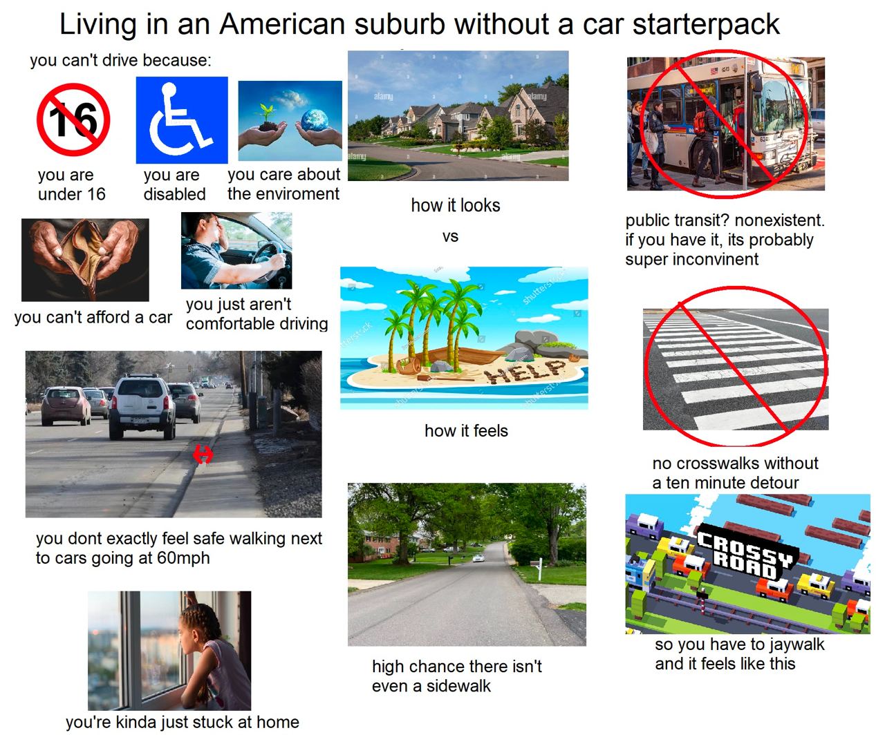 Living in an American suburb without а car starterpack you can't drive because: Me if ate you are you are you care about under 16 disabled the enviroment how it looks public transit? nonexistent. if y