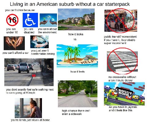 Living in an American suburb without а car starterpack you can't drive because: Me if ate you are you are you care about under 16 disabled the enviroment how it looks public transit? nonexistent. if y