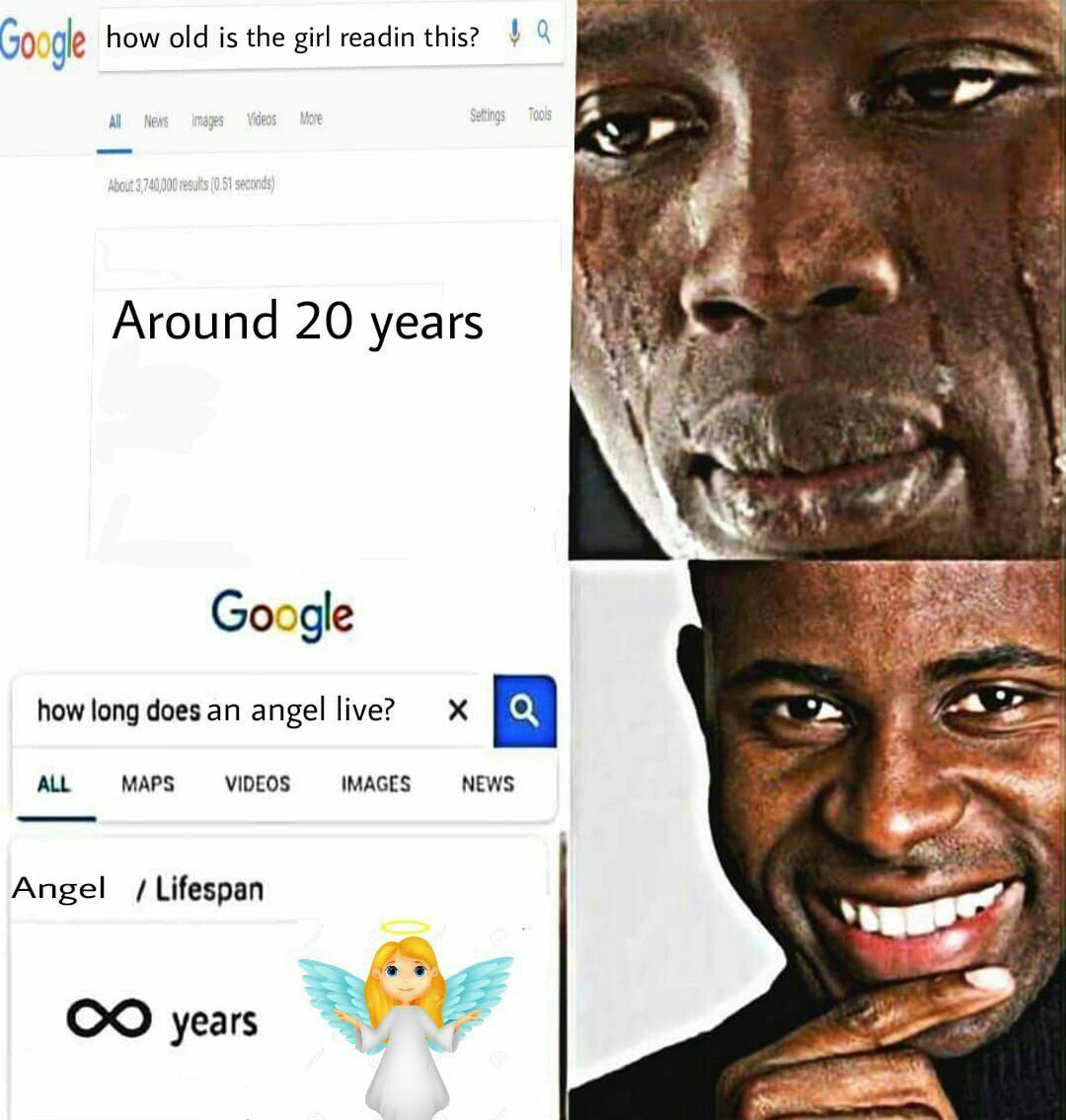 gle how old is the girl readin this? Around 20 years А Google how long does angel live? ALL MAPS VIDEOS IMAGES NEWS Angel Lifespan years
