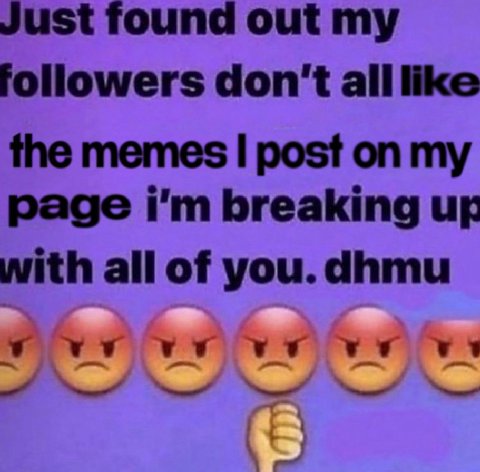 Just found out my followers don't alllike the memes post on my раде breaking with all of you. dhmu
