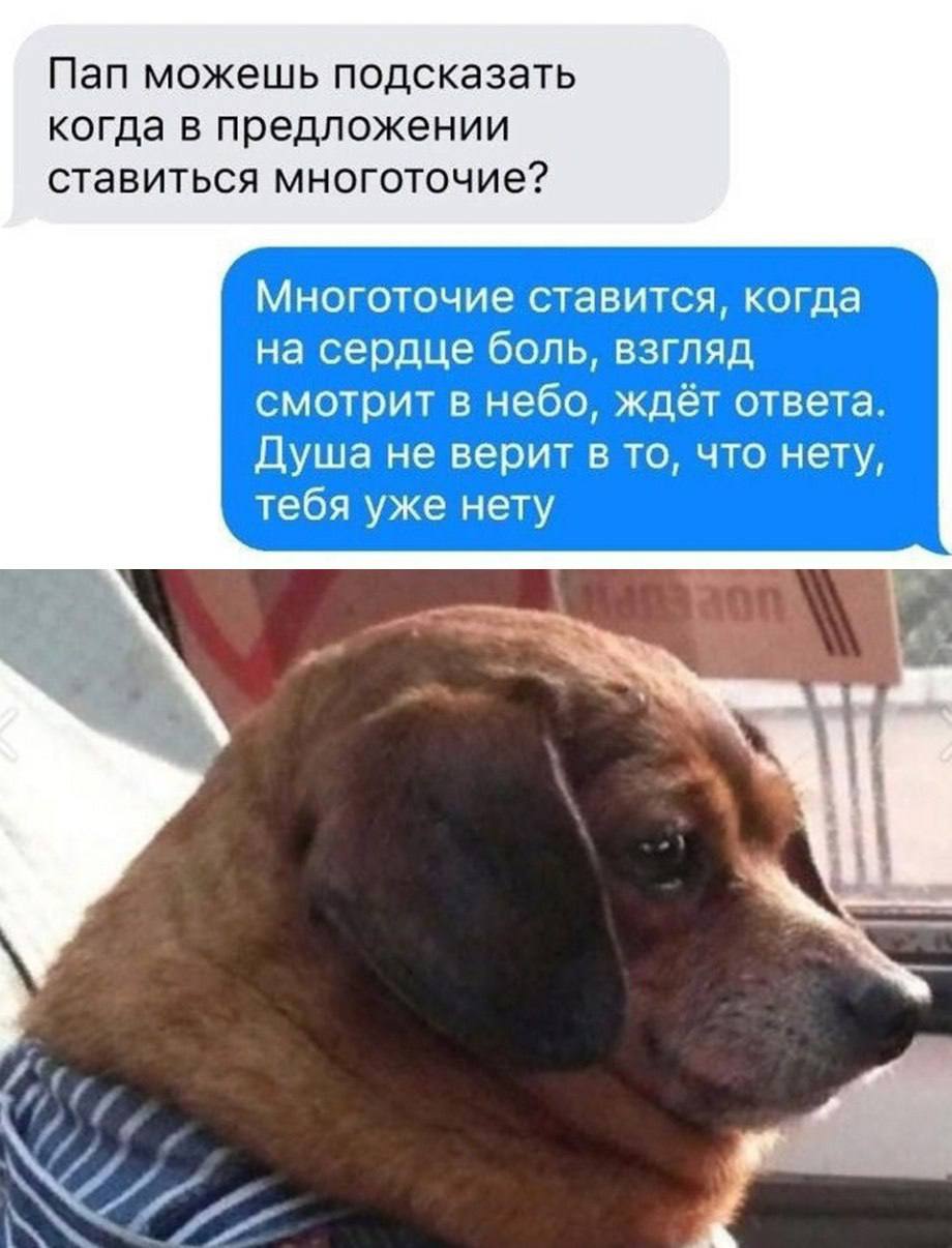 Пап можешь подсказать когда в предложении ставиться многоточие? Многоточие ставится, когда на сердце боль, взгляд смотрит в небо, ждёт ответа. Душа не верит в то, что нету, тебя уже нету