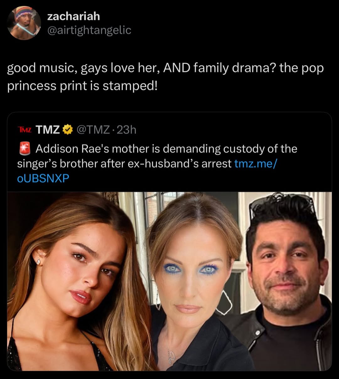 zachariah good music, gays love her, AND family drama? the pop princess print is stamped! Addison Rae's mother is demanding custody of the brother after ex-husband’s arrest a