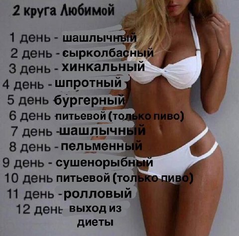 У 2 круга 1 день шашлыч 2 день -сырколбафный 3 день хинкальный 4 день шпротный 5 день бургерны 6 день питьевой 7 день 8 день пельменн! 9 день сушенорыб 10 день питьевой (то 11 день -ролловый 12 выход 