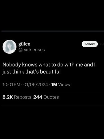 giilce @exitsenses Nobody knows what to with me and just think that’s beautiful 01/06/2024 Views Reposts 244 Quotes