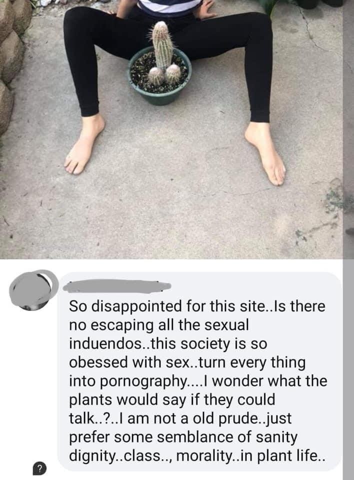 a for this there no escaping all the sexual induendos..this society is so obessed with sex..turn every thing into wonder what the plants would say if they could not a old prude..just prefer some sembl