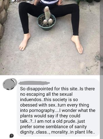a for this there no escaping all the sexual induendos..this society is so obessed with sex..turn every thing into wonder what the plants would say if they could not a old prude..just prefer some sembl