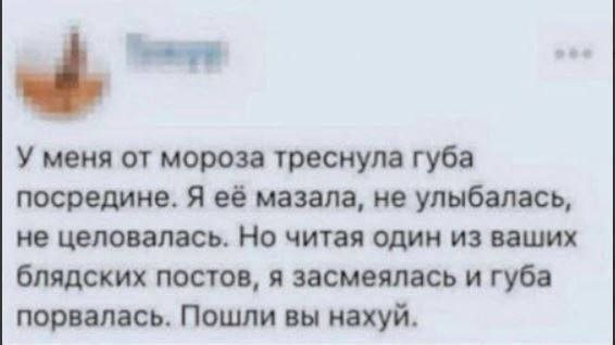 У меня от мороза треснула губа посредине. Я её мазала, не улыбалась, не целовалась. Но читая один из ваших блядских постов, я засмеялась и губа порвалась. Пошли вы нахуй.