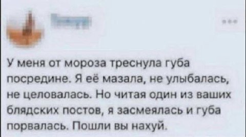 У меня от мороза треснула губа посредине. Я её мазала, не улыбалась, не целовалась. Но читая один из ваших блядских постов, я засмеялась и губа порвалась. Пошли вы нахуй.