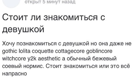 открыт 9 минут назад Стоит ли знакомиться с девушкой Хочу познакомиться с девушкой но она даже не gothic lolita coquette cottagecore goblincore witchcore aesthetic a обычный бежевый соевый нормис. Сто