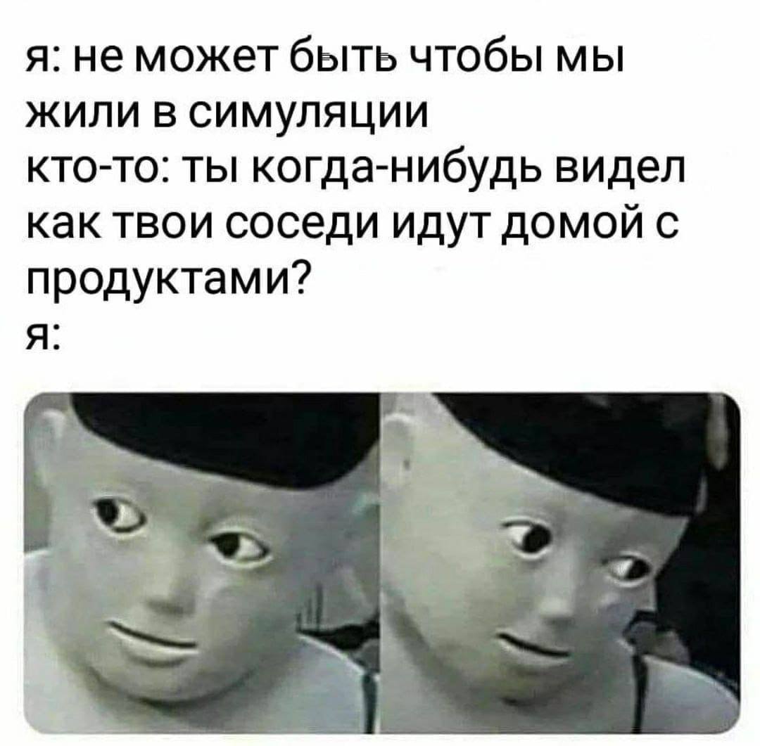 я: не может быть чтобы мы жили в симуляции кто-то: ты когда-нибудь видел как твои соседи идут домой с продуктами? я: 2 “2