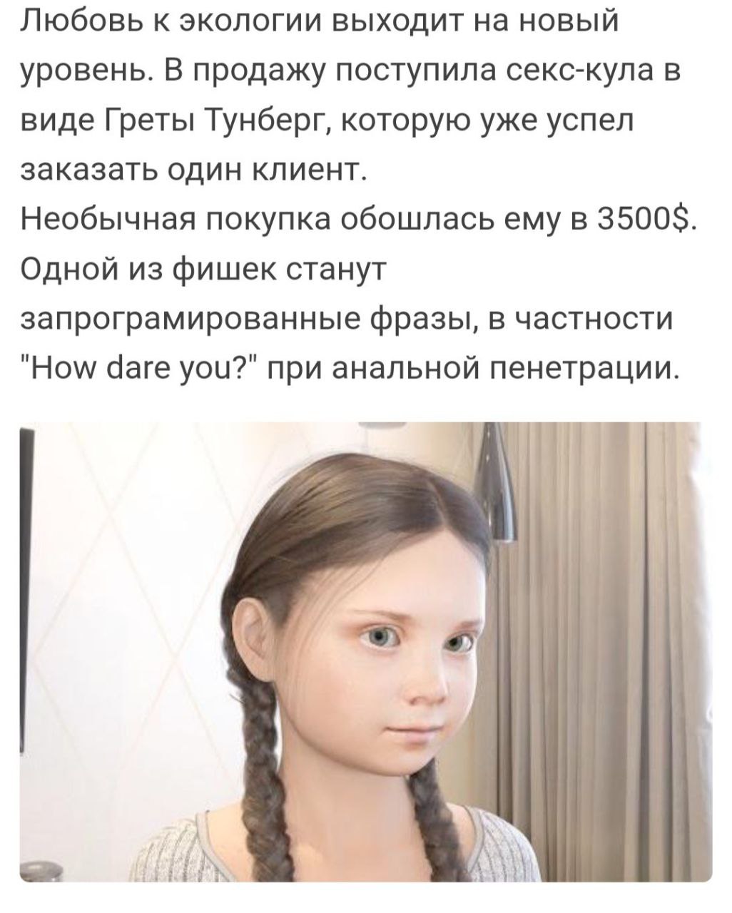 Любовь к экологии выходит на новый уровень. В продажу поступила секс-кула в виде Греты Тунберг, которую уже успел заказать один клиент. Необычная покупка обошлась ему в 3500$. Одной из фишек станут за