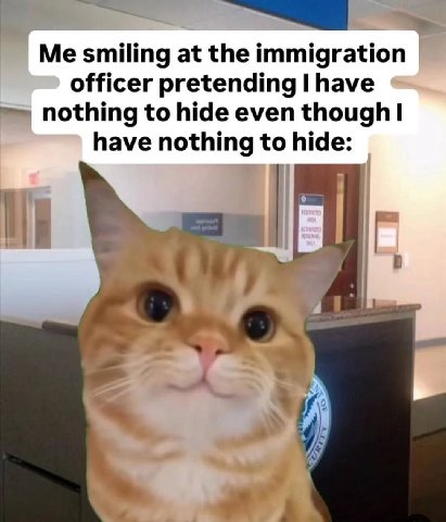 Me smiling at the immigration officer pretending have nothing to hide even though have nothing to hide: