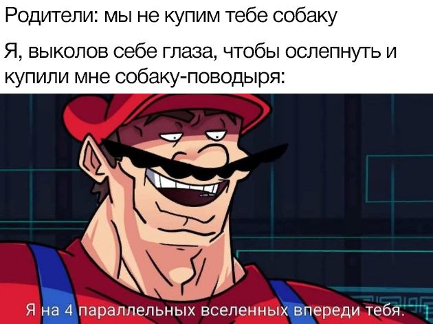 Родители: мы не купим тебе собаку Я, выколов себе глаза, чтобы ослепнуть и купили мне собаку-поводыря: Я на 4 параллельных вселенных впереди тебя.