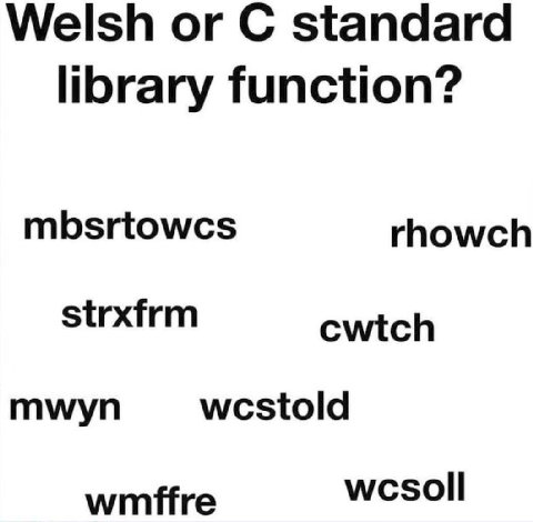 Welsh С standard library function? mbsrtowcs rhowch strxfrm cwtch mwyn wcstold wcsoll