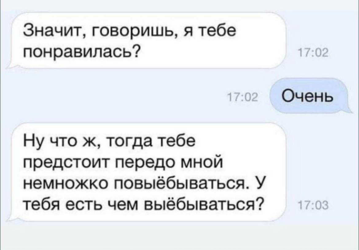 Значит, говоришь, я тебе понравилась? 17:02 7:02 Очень Ну что ж, тогда тебе предстоит передо мной немножко повыёбываться. У тебя есть чем выёбываться? 17:03