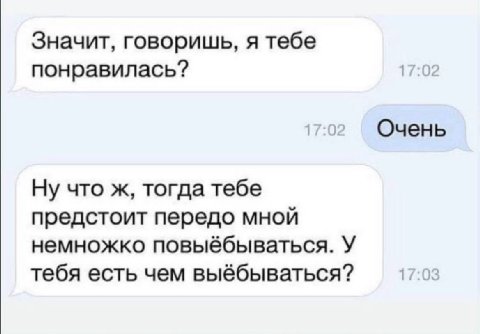 Значит, говоришь, я тебе понравилась? 17:02 7:02 Очень Ну что ж, тогда тебе предстоит передо мной немножко повыёбываться. У тебя есть чем выёбываться? 17:03