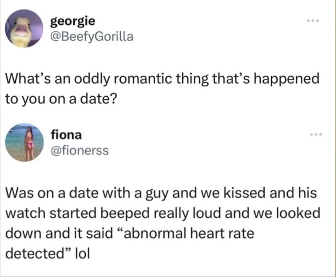 georgie @BeefyGorilla What’s an oddly romantic thing that’s happened to you ona date? fiona @fionerss Was on a date with a guy and we kissed and his watch started beeped really loud and we looked down