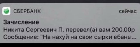 СБЕРБАНК сейчас Зачисление Никита Сергеевич перевел(а) вам Сообщение: "На нахуй на свои сырки ебаны...