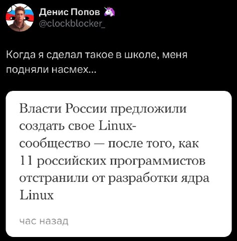 Денис Попов Когда я сделал такое в школе, меня подняли насмех... Власти России предложили создать свое Linux- сообщество после того, как 1] российских программистов отстранили от разработки ядра Linux