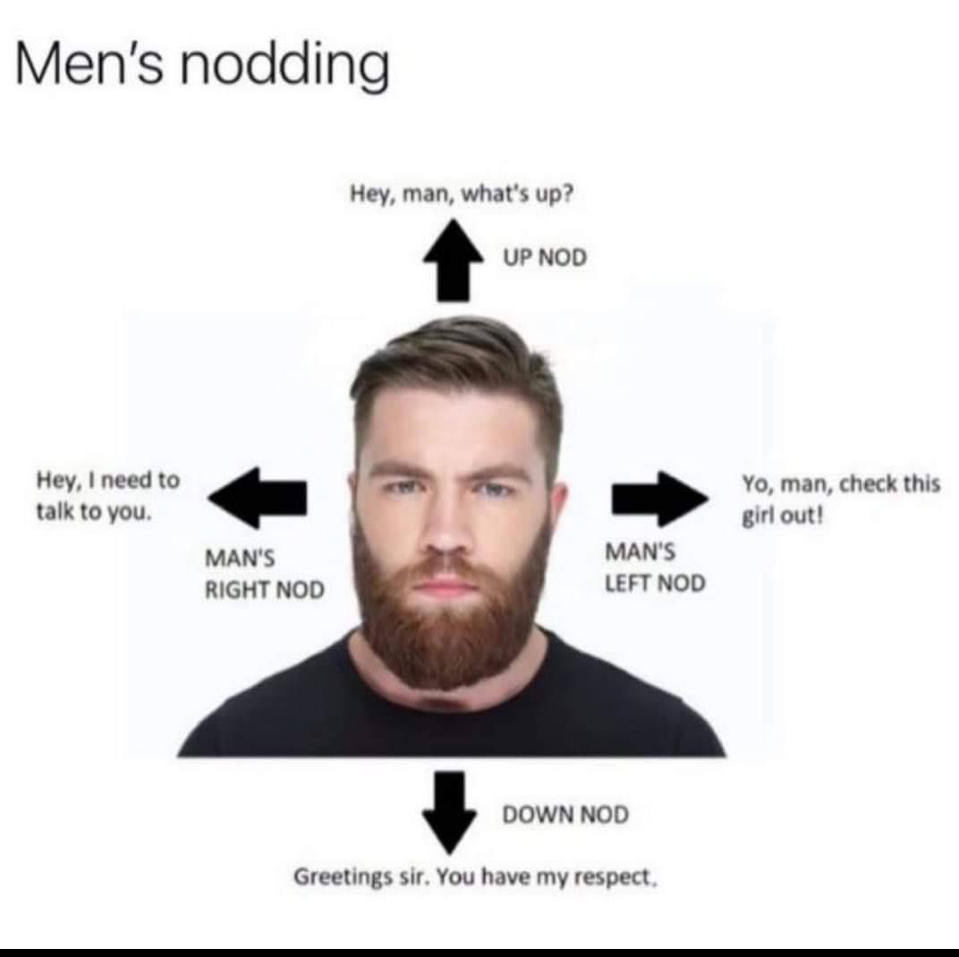Men's nodding Hey, man, what's up? Hey, need to man, check this talk to you girl out! MAN'S MAN'S RIGHT NOD LEFT NOD DOWN NOD Greetings sir. You have my respect