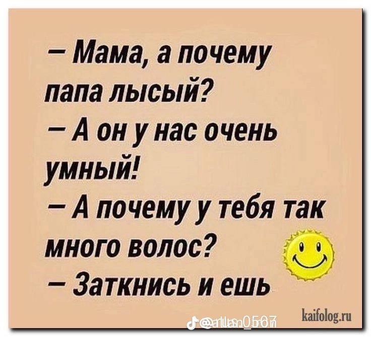 Мама, а почему папа лысый? A унас очень умный! А почему у тебя так много волос? Заткнись и ешь kaifolog.ru