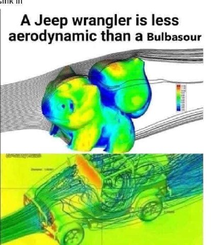 К A Jeep wrangler is less aerodynamic than а Bulbasour