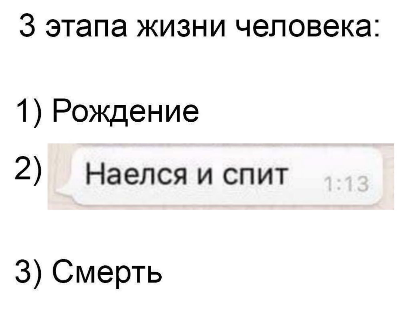 3 этапа жизни человека: 1) Рождение 2) Наелся и спит 3) Смерть