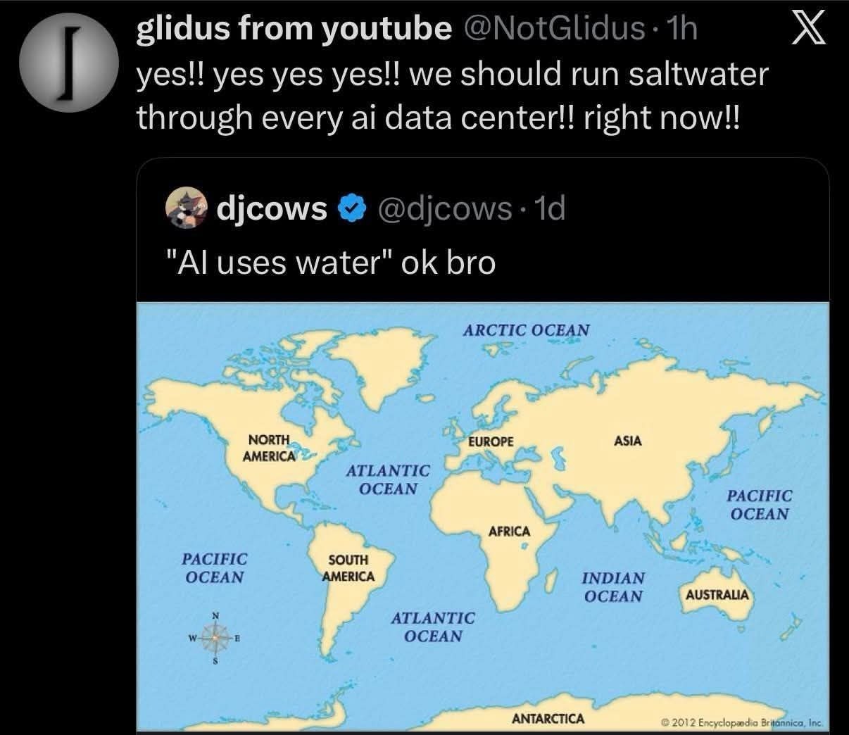 glidus from youtube @NotGlidus: yes!! yes yes yes!! we should run saltwater through every data right now!! djcows @djcows: uses water" bro ARCTIC OCEAN NORTH EUROPE ASIA AMERICA ATLANTIC OCEAN PACIFIC