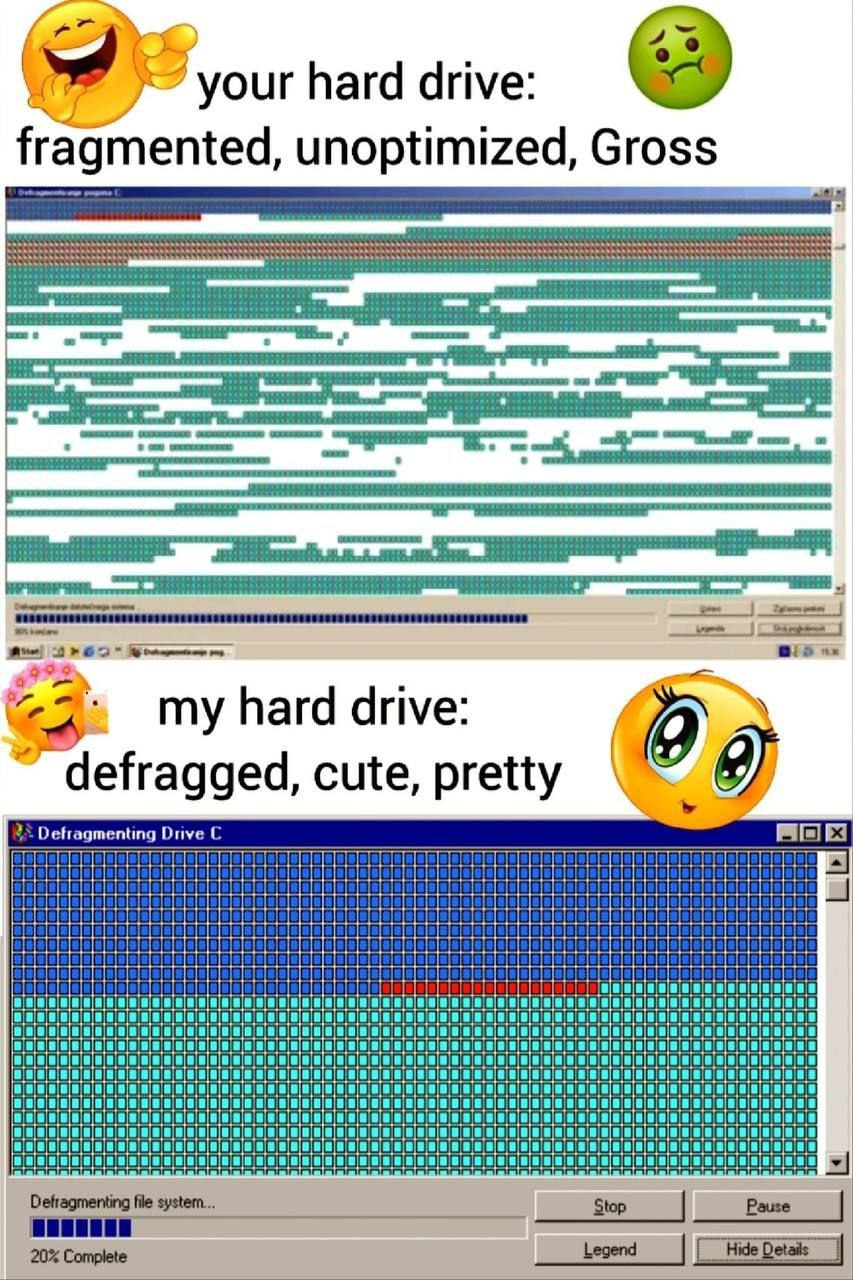 your hard drive: fragmented, unoptimized, Gross oman Bid a A hard drive: defragged, cute, pretty 4. Defragmenting Drive С a 1000 000 00 00000000 ПО 00009000 ПО 0000000000090 000 ПО ПО 00900000 ПО 0000
