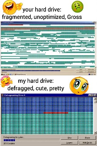 your hard drive: fragmented, unoptimized, Gross oman Bid a A hard drive: defragged, cute, pretty 4. Defragmenting Drive С a 1000 000 00 00000000 ПО 00009000 ПО 0000000000090 000 ПО ПО 00900000 ПО 0000