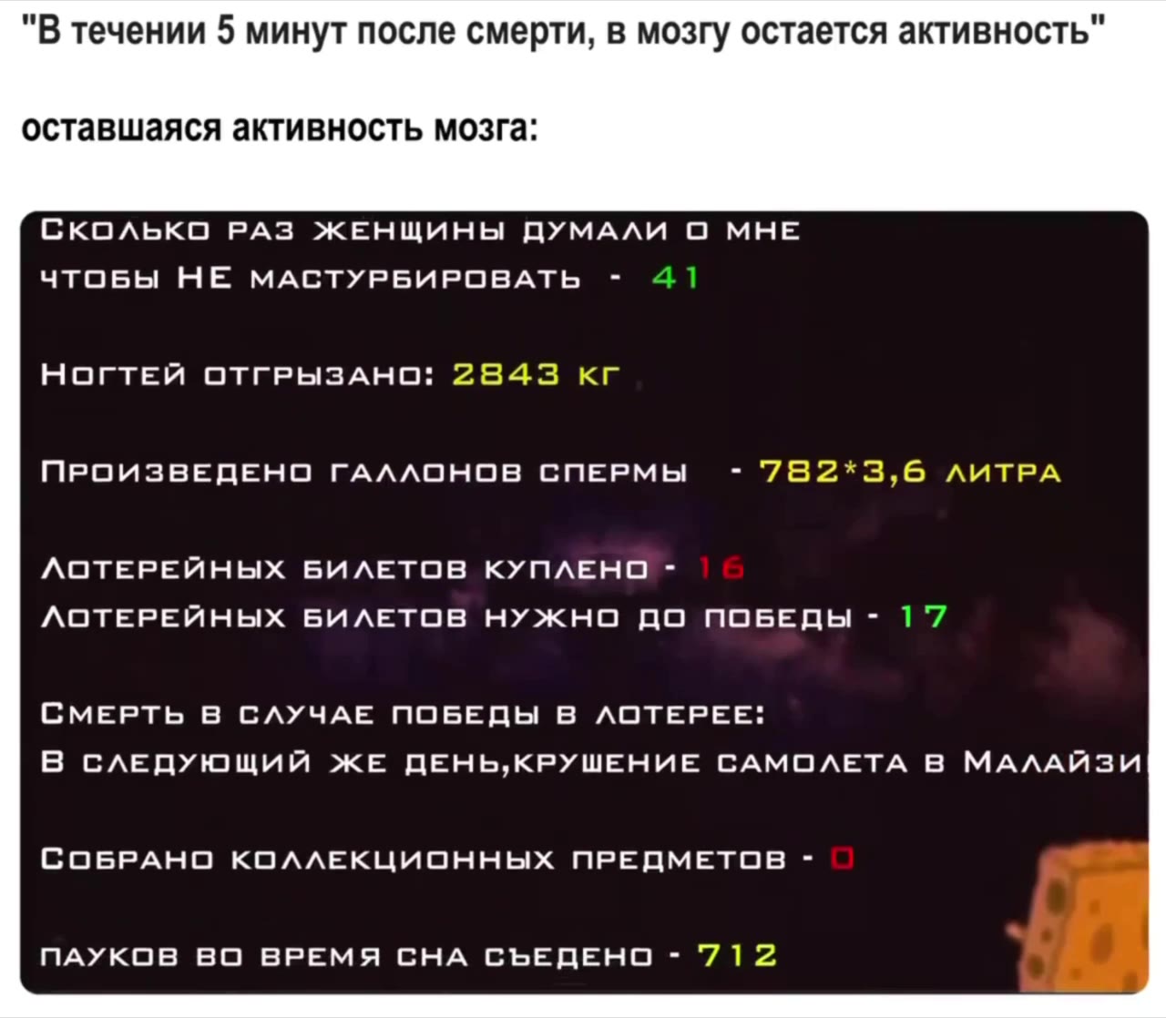 "В течении 5 минут после смерти, в мозгу остается активность" ОБЩЕЕ ВРЕМЯ ЖИЗНИ - 23 ГОДА КОЛИЧЕСТВО СПРАВОЦИРОВАННЫХ СМЕРТЕЙ - КНИГ MUXANAA ВЕЛЛЕРА ПРОЧИТАНО - y < ПОСТАВЛЕНО ДИЗЛАЙКОВ В ЮТХУБЕ - ЖЕН